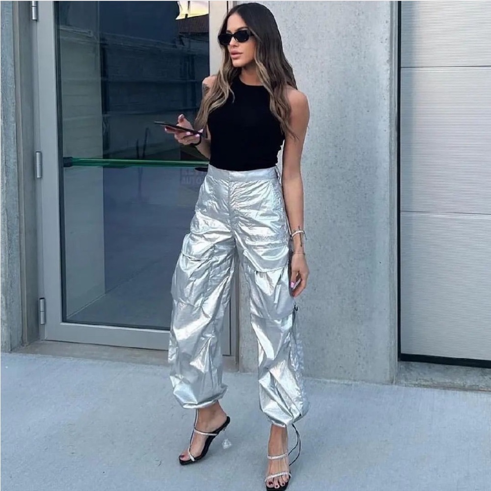 ZARA SHINY CARGO PANTS SZ LARGE 2217/105/121/14